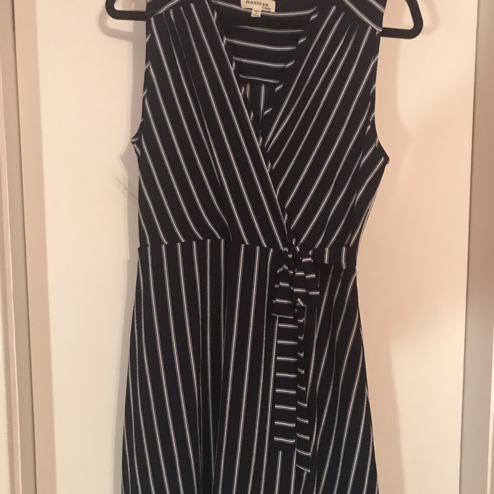 Blue and white striped wrap dress